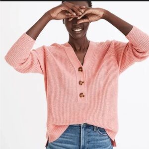 Madewell Pink Ribbed Lyle Henley Button Vneck Sweater Size S